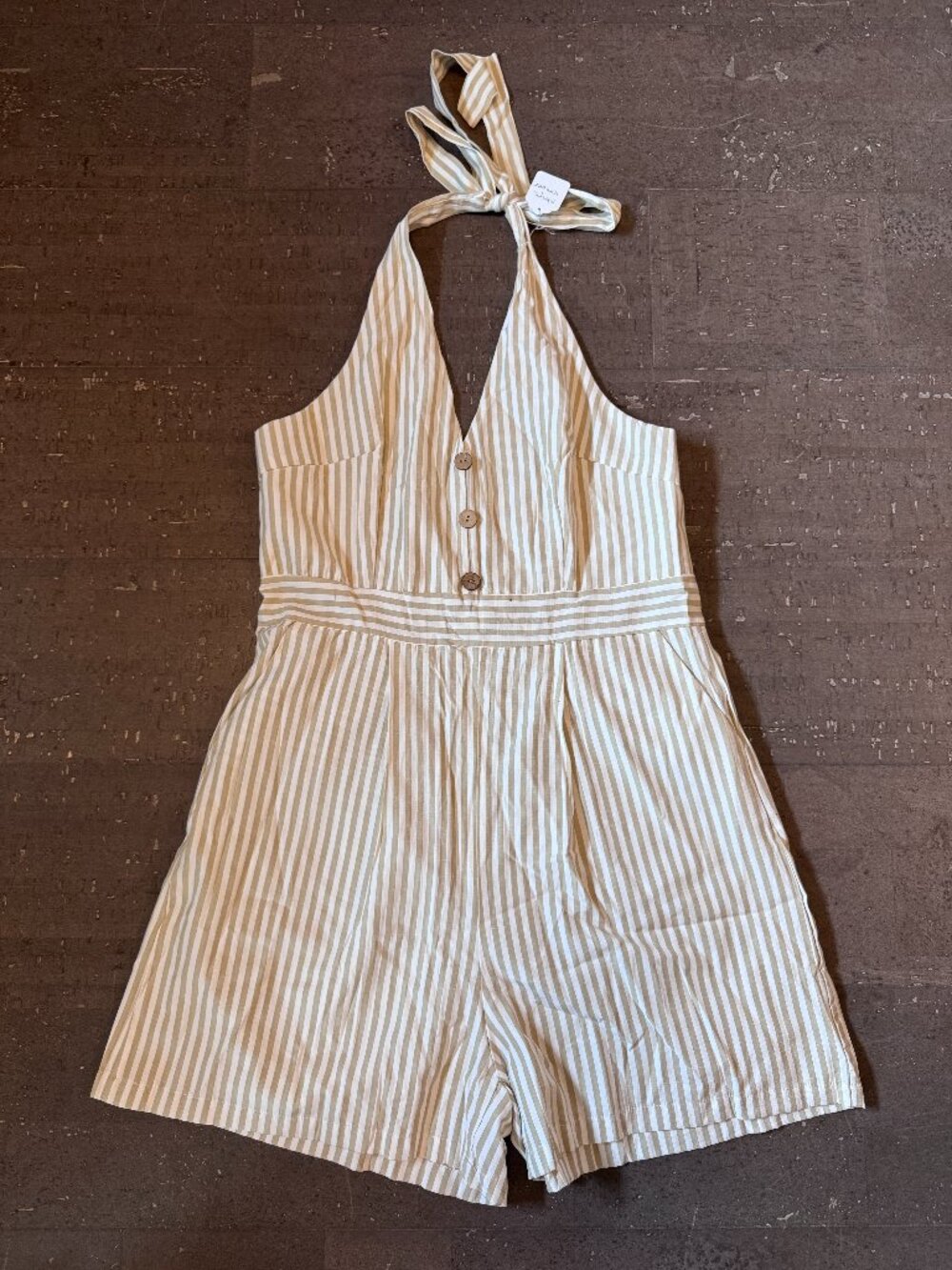 Linen Blend Striped Halter Romper Shorts Jumpsuit